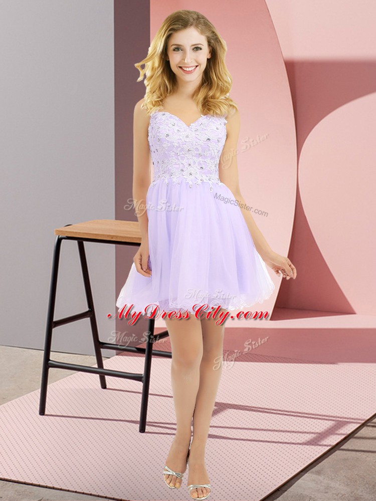 Amazing Lavender Tulle Side Zipper Bridesmaid Dresses Sleeveless Mini Length Beading and Lace