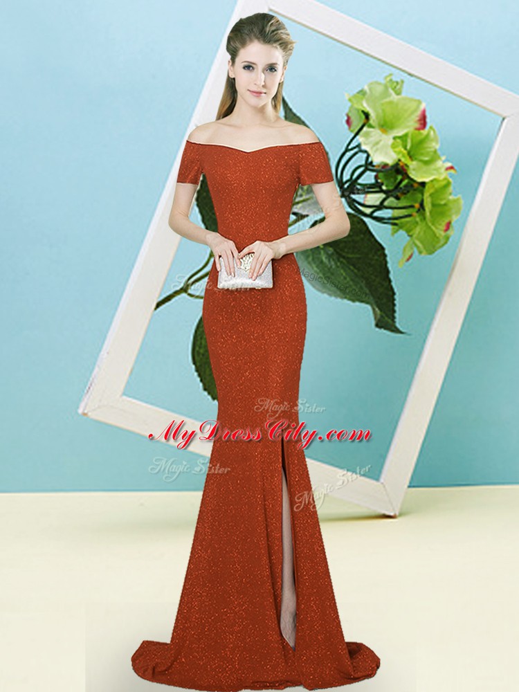 Classical Rust Red Off The Shoulder Zipper Sequins Prom Dresses Sweep Train Short Sleeves