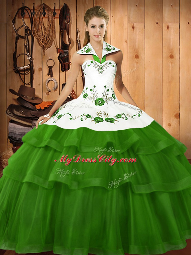 Green Sleeveless Sweep Train Embroidery and Ruffled Layers Ball Gown Prom Dress