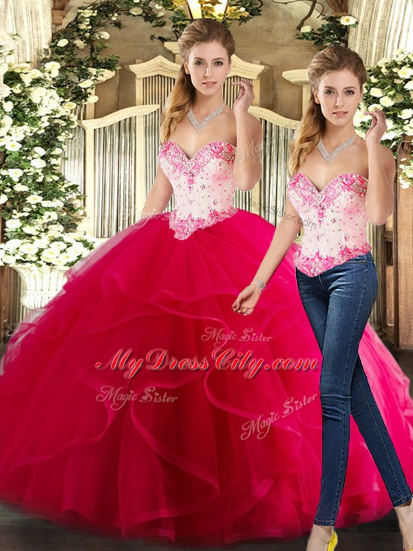 Hot Pink Quinceanera Gown Military Ball and Sweet 16 and Quinceanera with Beading and Ruffles Sweetheart Sleeveless Lace Up