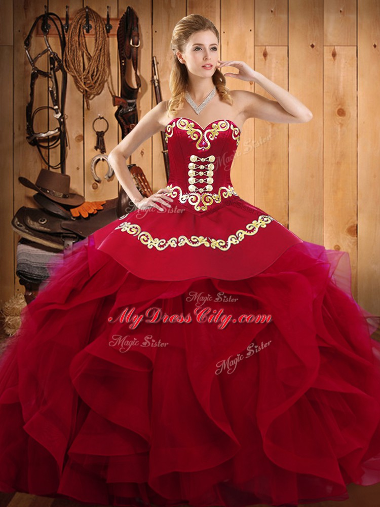 Romantic Burgundy Ball Gown Prom Dress Military Ball and Sweet 16 and Quinceanera with Embroidery and Ruffles Sweetheart Sleeveless Lace Up