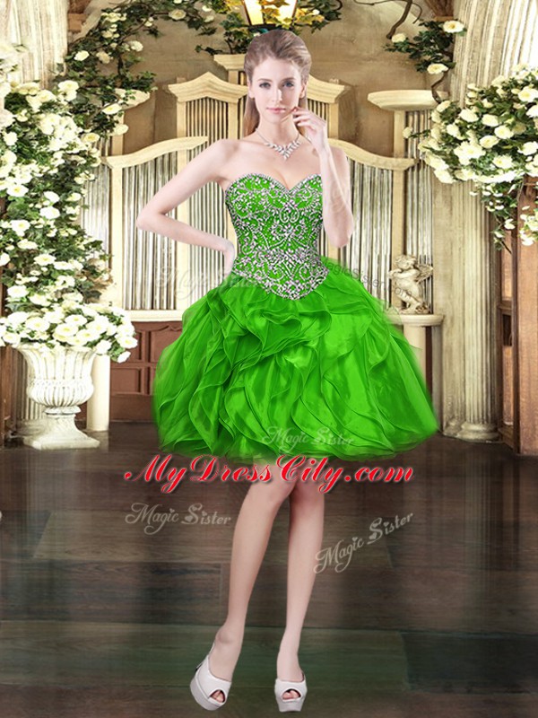 Green Organza Lace Up Dress for Prom Sleeveless Mini Length Beading and Ruffles