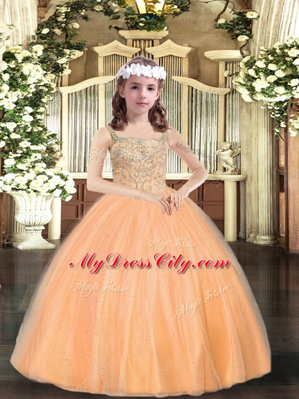 Tulle Sleeveless Floor Length Little Girl Pageant Dress and Beading