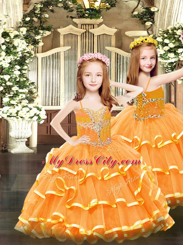 Stunning Ball Gowns Pageant Dress Toddler Orange Spaghetti Straps Organza Sleeveless Floor Length Lace Up