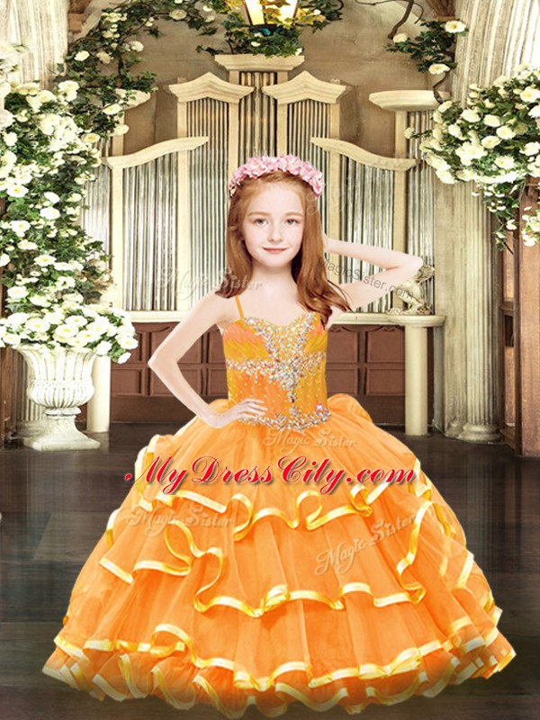 Stunning Ball Gowns Pageant Dress Toddler Orange Spaghetti Straps Organza Sleeveless Floor Length Lace Up