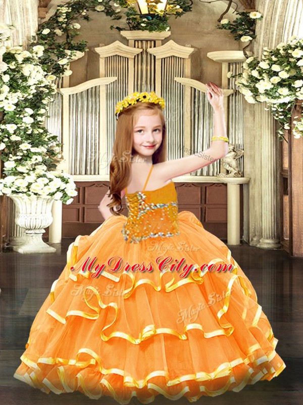 Stunning Ball Gowns Pageant Dress Toddler Orange Spaghetti Straps Organza Sleeveless Floor Length Lace Up