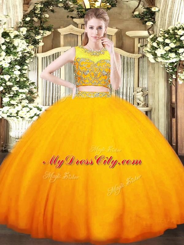 Orange Sleeveless Tulle Zipper 15th Birthday Dress for Military Ball and Sweet 16 and Quinceanera