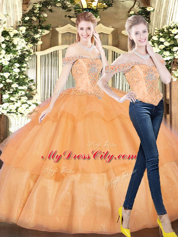 Enchanting Orange Red Two Pieces Off The Shoulder Sleeveless Organza Floor Length Lace Up Beading and Ruffled Layers Quinceanera Dress