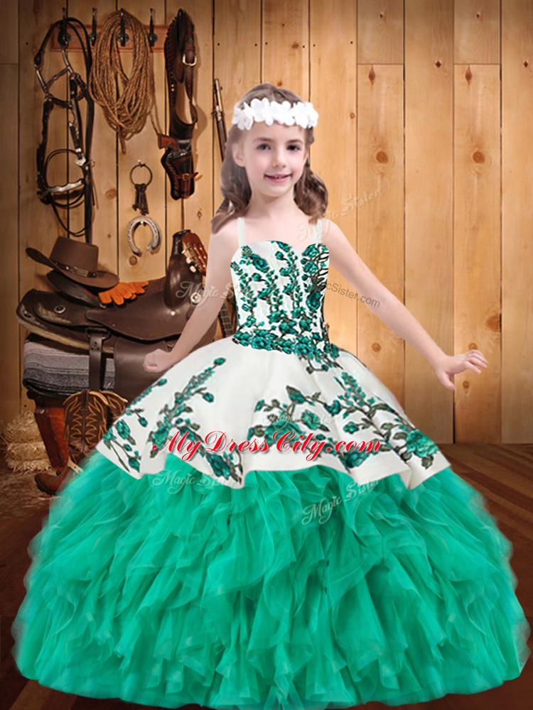 Amazing Embroidery and Ruffles Little Girl Pageant Dress Turquoise Lace Up Sleeveless Floor Length