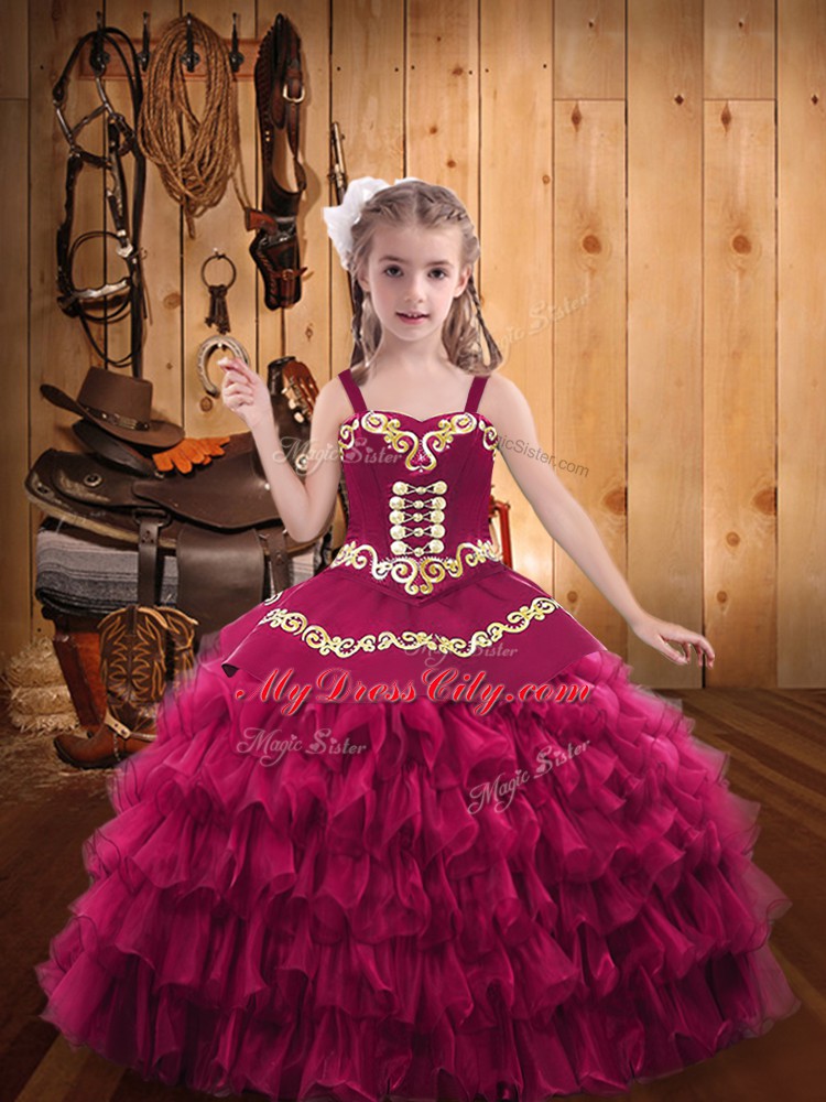 Fuchsia Ball Gowns Embroidery and Ruffled Layers Pageant Gowns For Girls Lace Up Organza Sleeveless Floor Length