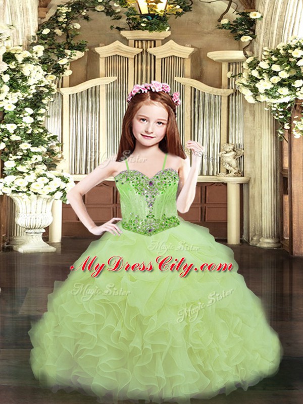 Most Popular Yellow Green Sleeveless Beading and Ruffles and Pick Ups Floor Length High School Pageant Dress