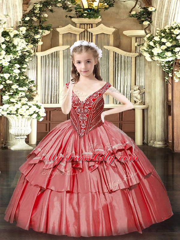 Coral Red V-neck Lace Up Beading and Ruffled Layers Little Girls Pageant Gowns Sleeveless