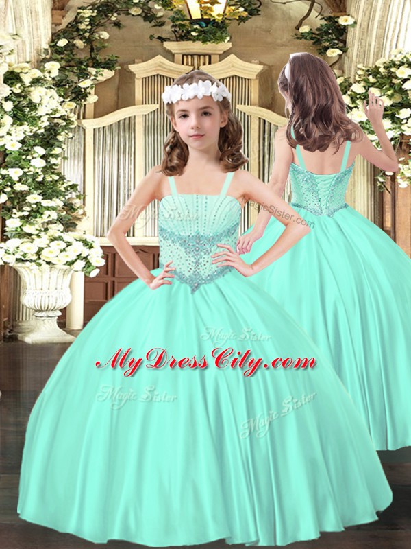 Low Price Apple Green Satin Lace Up Straps Sleeveless Floor Length Little Girls Pageant Gowns Beading