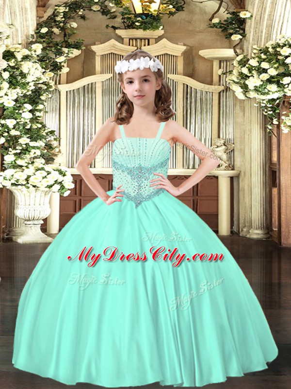 Low Price Apple Green Satin Lace Up Straps Sleeveless Floor Length Little Girls Pageant Gowns Beading