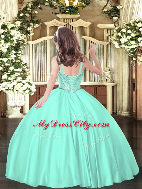 Low Price Apple Green Satin Lace Up Straps Sleeveless Floor Length Little Girls Pageant Gowns Beading