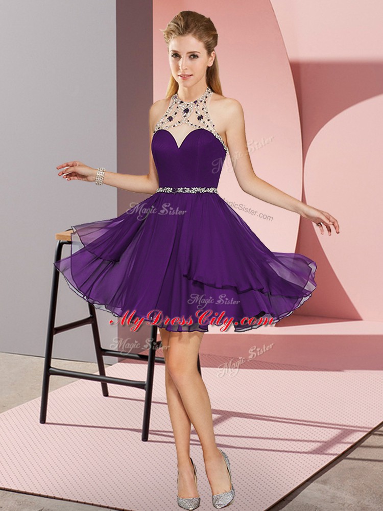 Purple Zipper Prom Party Dress Beading Sleeveless Mini Length