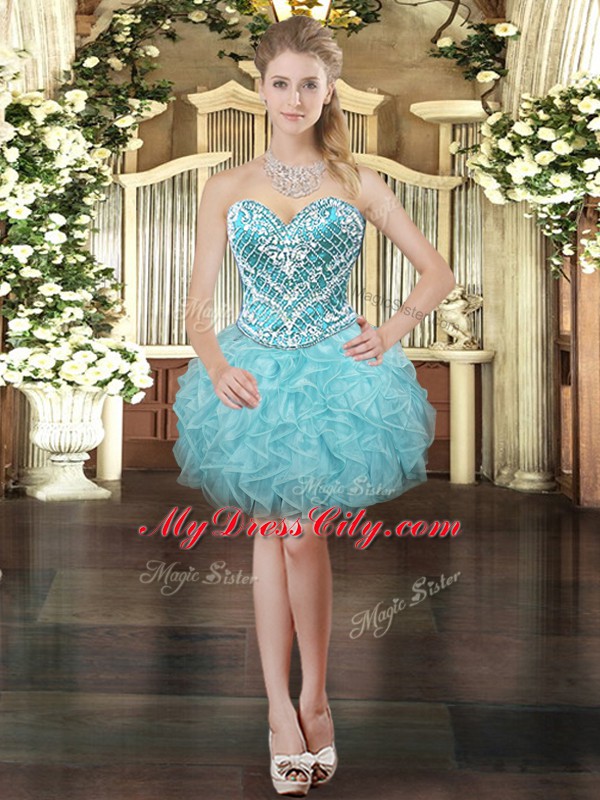 Mini Length Aqua Blue Prom Gown Sweetheart Sleeveless Lace Up