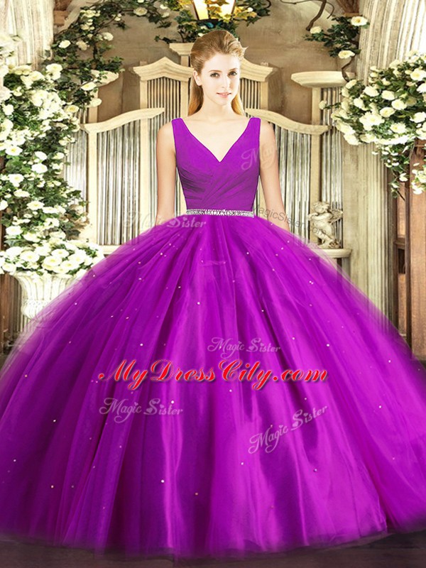 Purple Sleeveless Tulle Zipper Vestidos de Quinceanera for Military Ball and Sweet 16 and Quinceanera