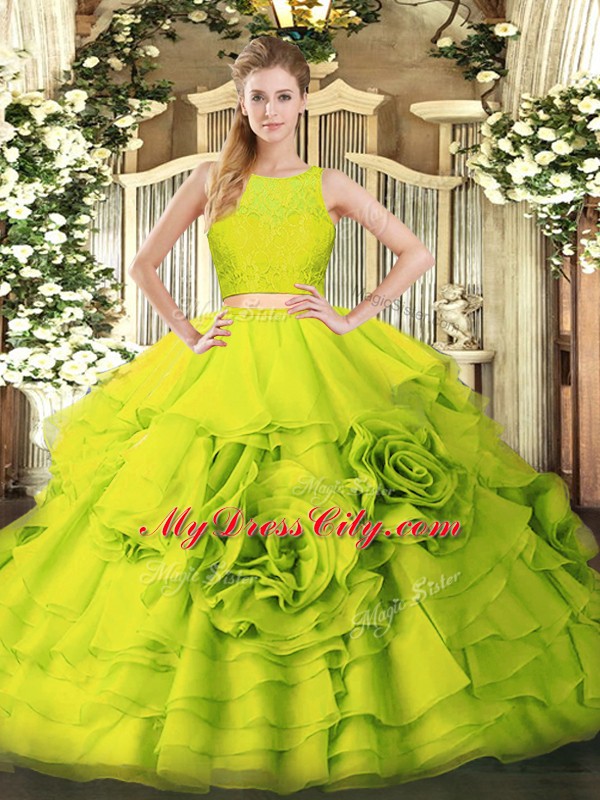 New Arrival Yellow Green Scoop Neckline Ruffles Sweet 16 Quinceanera Dress Sleeveless Zipper