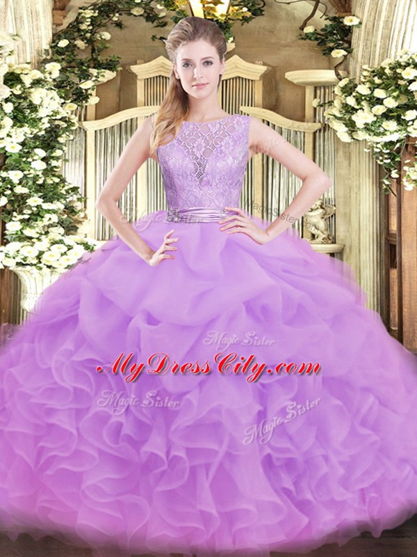 Delicate Lilac Organza Backless Scoop Sleeveless Floor Length Ball Gown Prom Dress Lace and Ruffles