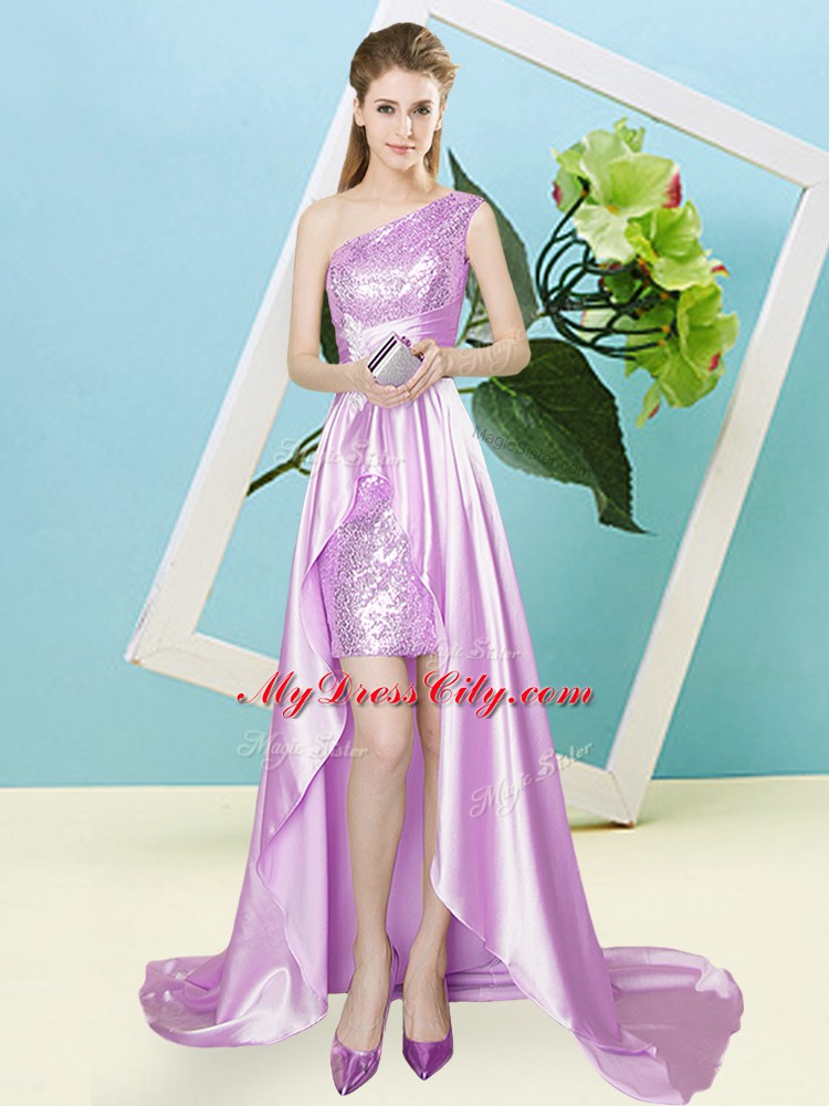 Exquisite Lilac Elastic Woven Satin and Sequined Lace Up One Shoulder Sleeveless High Low Prom Dress Sequins