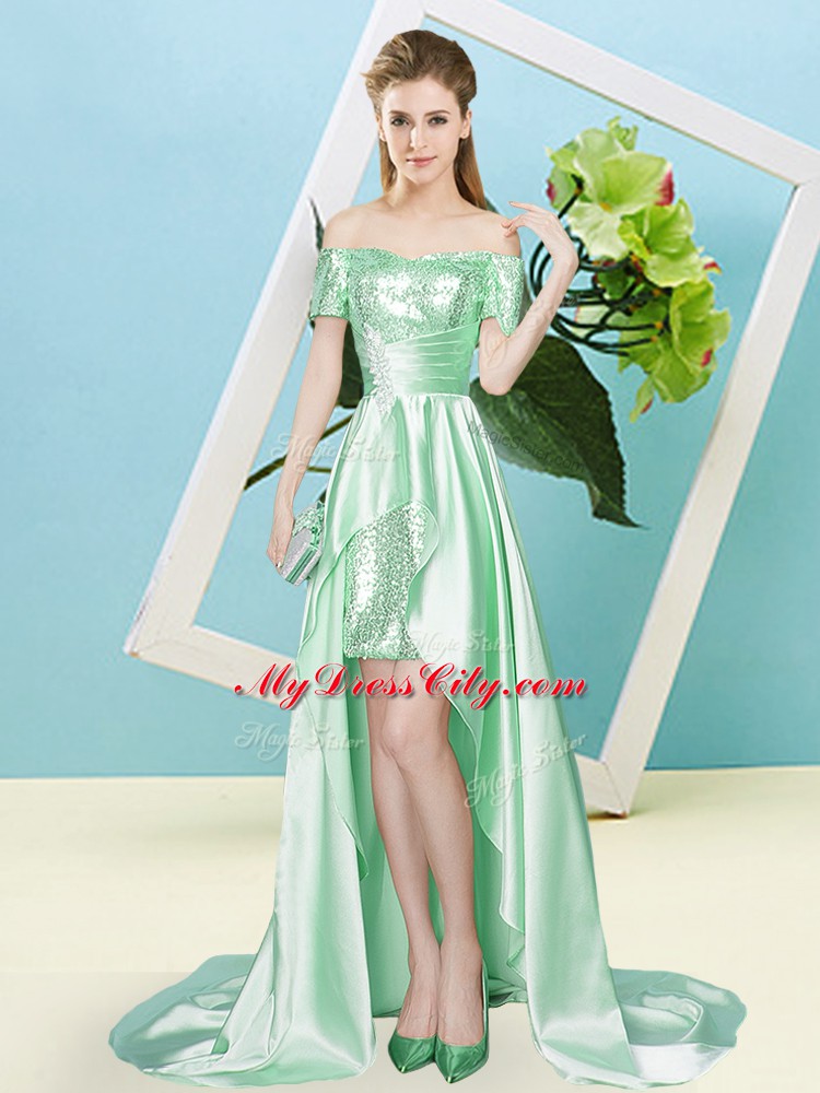 Hot Sale Apple Green Elastic Woven Satin and Sequined Lace Up Off The Shoulder Short Sleeves High Low Prom Gown Sequins