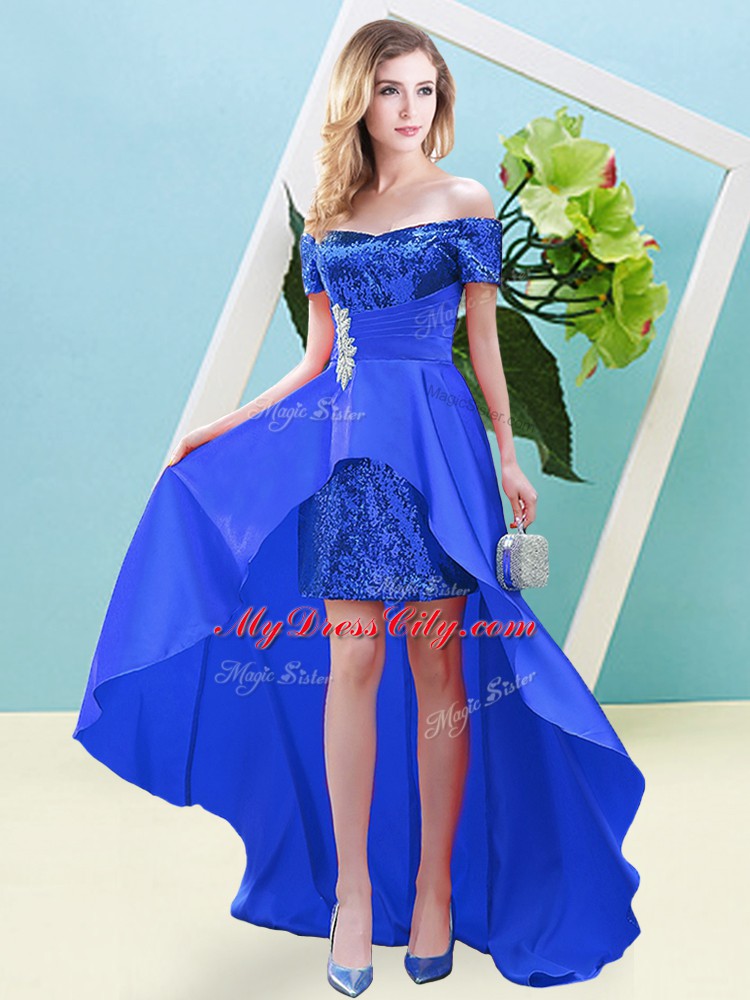 Beading Evening Dress Blue Lace Up Short Sleeves Ankle Length