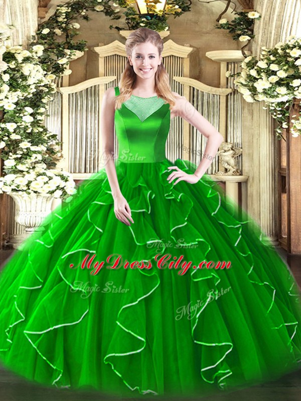 New Style Sleeveless Organza Floor Length Side Zipper Vestidos de Quinceanera in Green with Beading and Ruffles