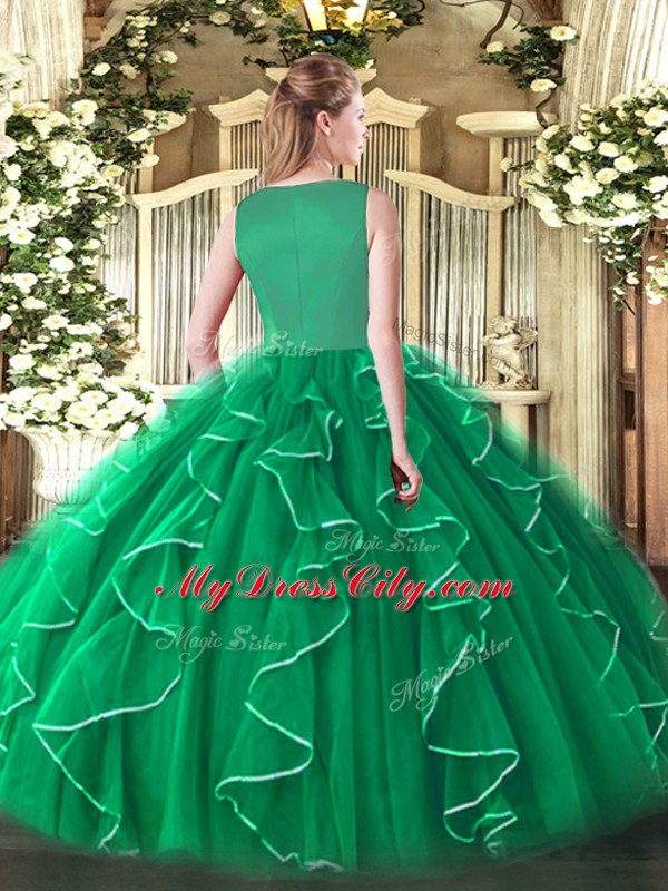 New Style Sleeveless Organza Floor Length Side Zipper Vestidos de Quinceanera in Green with Beading and Ruffles