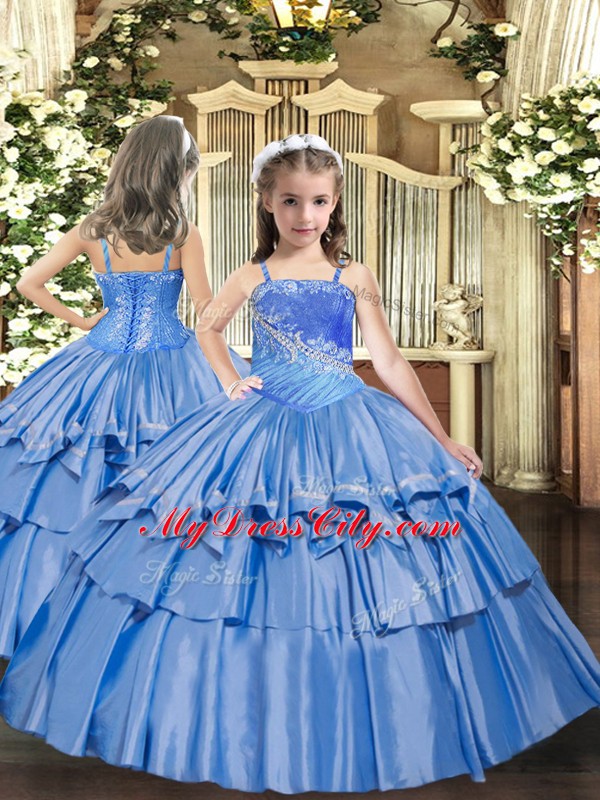 Baby Blue Sleeveless Beading and Ruffled Layers Floor Length Pageant Dress for Teens