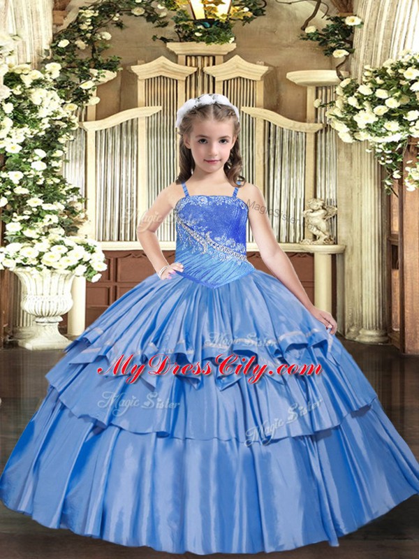 Baby Blue Sleeveless Beading and Ruffled Layers Floor Length Pageant Dress for Teens