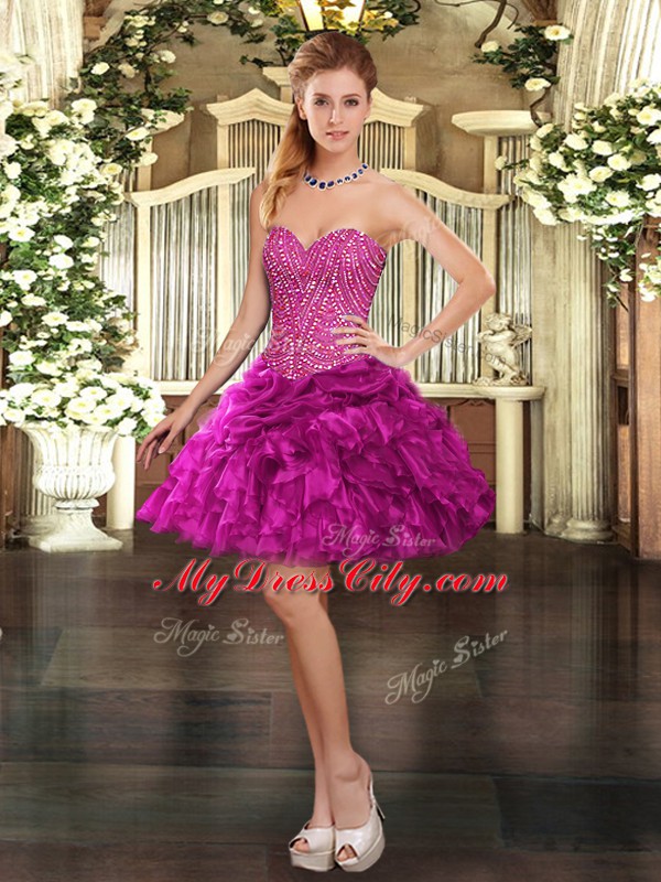 Fuchsia Sleeveless Beading and Ruffles Mini Length