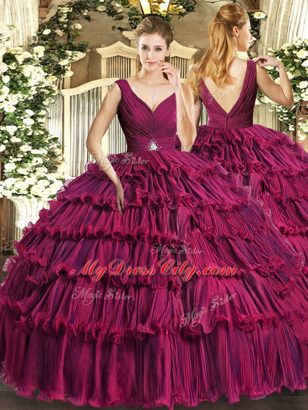 Suitable Beading and Ruffled Layers Vestidos de Quinceanera Fuchsia Backless Sleeveless Floor Length