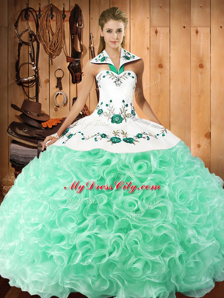 Apple Green Halter Top Lace Up Embroidery Quinceanera Dresses Sleeveless