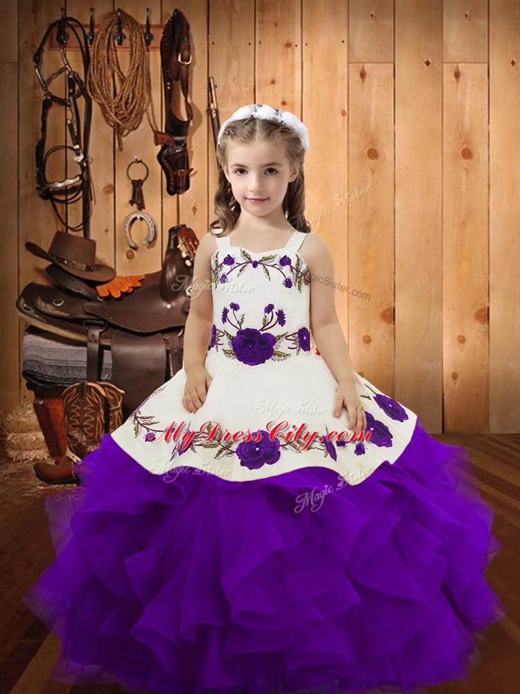 Beautiful Tulle Sleeveless Floor Length Pageant Dress Toddler and Embroidery and Ruffles