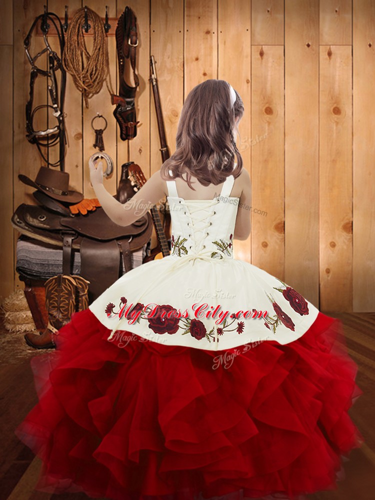 Beautiful Tulle Sleeveless Floor Length Pageant Dress Toddler and Embroidery and Ruffles