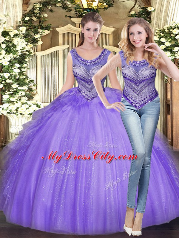 Lavender Tulle Lace Up Quinceanera Gown Sleeveless Floor Length Beading and Ruffles