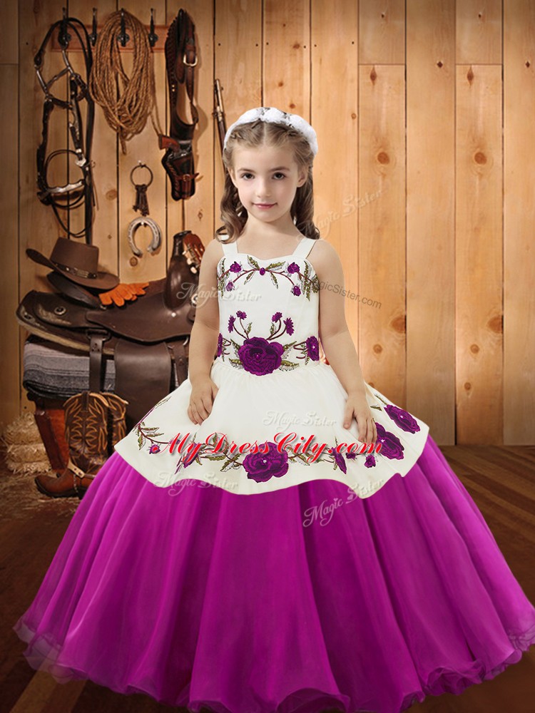 Great Fuchsia Zipper Straps Embroidery Little Girls Pageant Dress Wholesale Organza Sleeveless