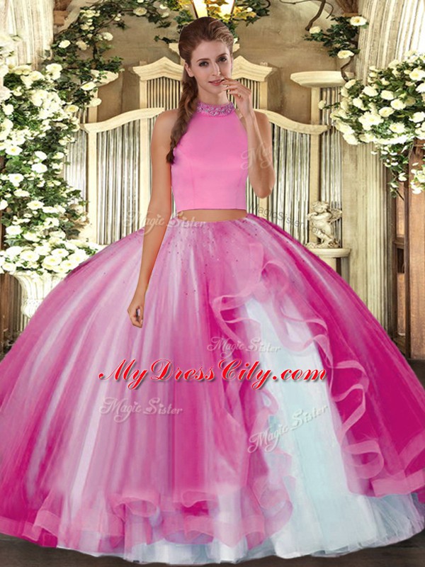 Latest Hot Pink Sleeveless Beading and Ruffles Floor Length Sweet 16 Dresses