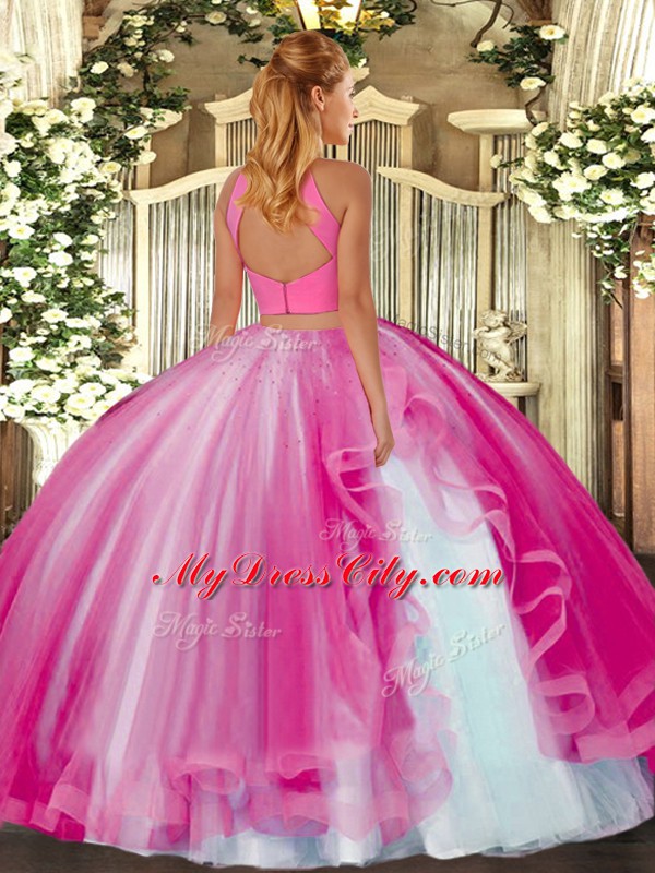 Latest Hot Pink Sleeveless Beading and Ruffles Floor Length Sweet 16 Dresses