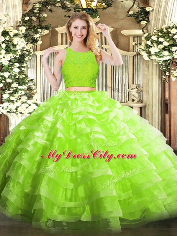 Lace and Ruffled Layers Quince Ball Gowns Yellow Green Zipper Sleeveless Floor Length