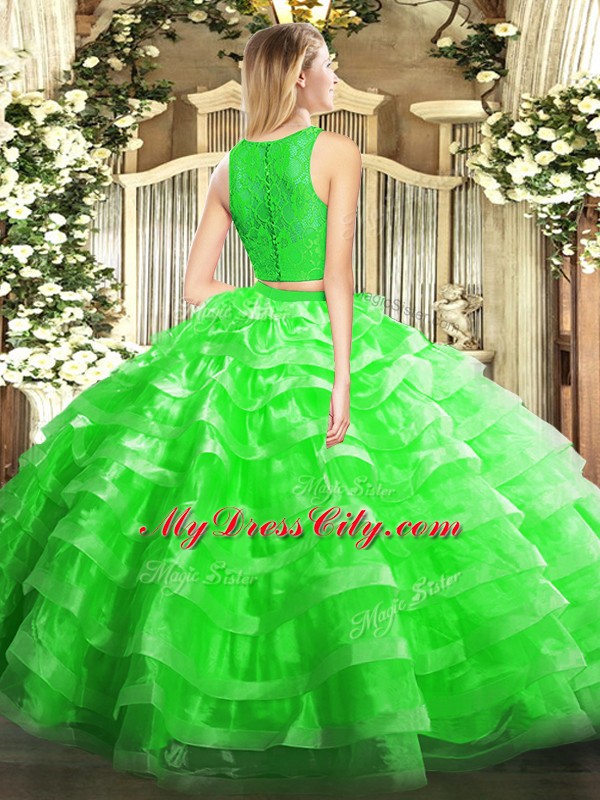 Lace and Ruffled Layers Quince Ball Gowns Yellow Green Zipper Sleeveless Floor Length