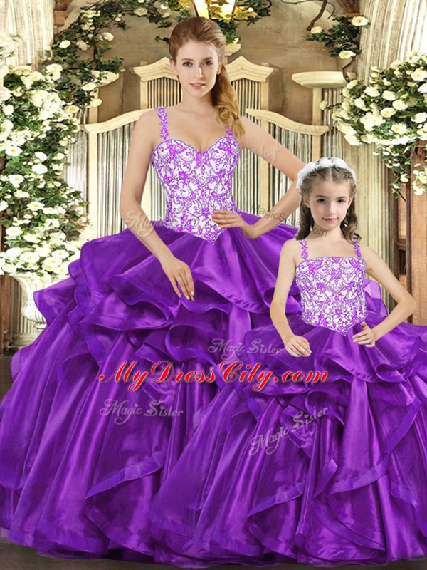 Organza Sleeveless Floor Length Sweet 16 Dresses and Beading and Ruffles