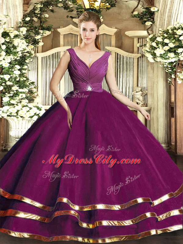 Ball Gowns Quince Ball Gowns Fuchsia V-neck Tulle Sleeveless Floor Length Backless