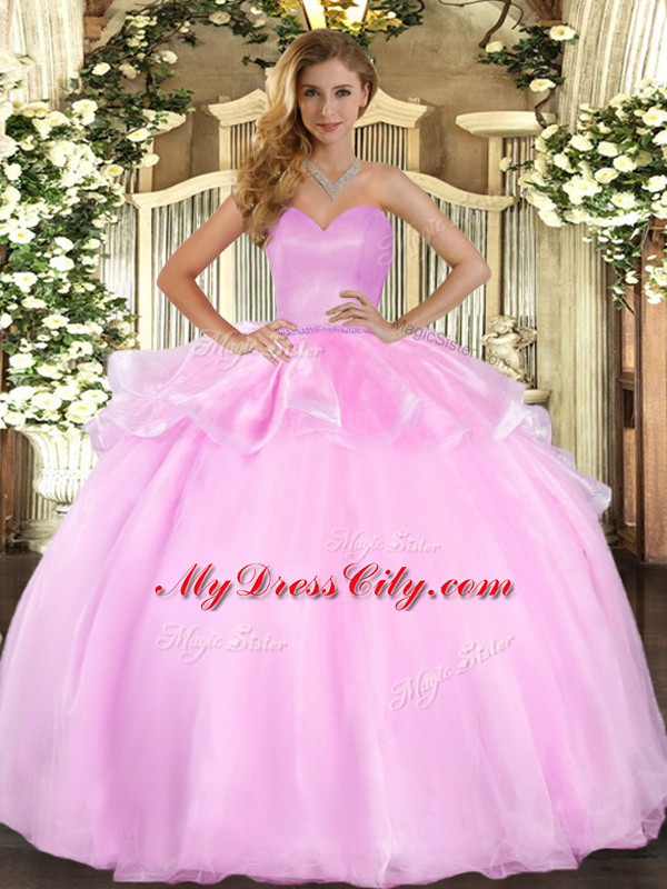 Sophisticated Sleeveless Floor Length Beading and Ruffles Lace Up 15 Quinceanera Dress with Pink