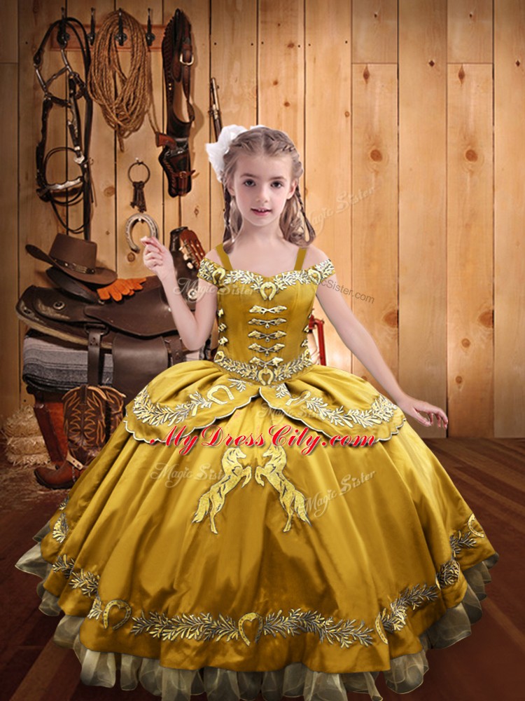 Inexpensive Gold Satin Lace Up Off The Shoulder Sleeveless Floor Length Pageant Dress for Womens Beading and Embroidery