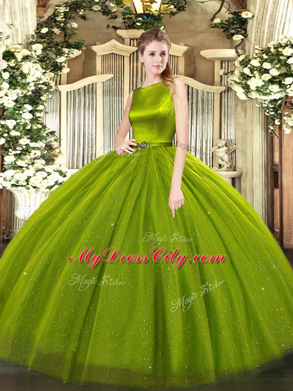 Fashion Sleeveless Floor Length Belt Clasp Handle Quinceanera Dress with Olive Green