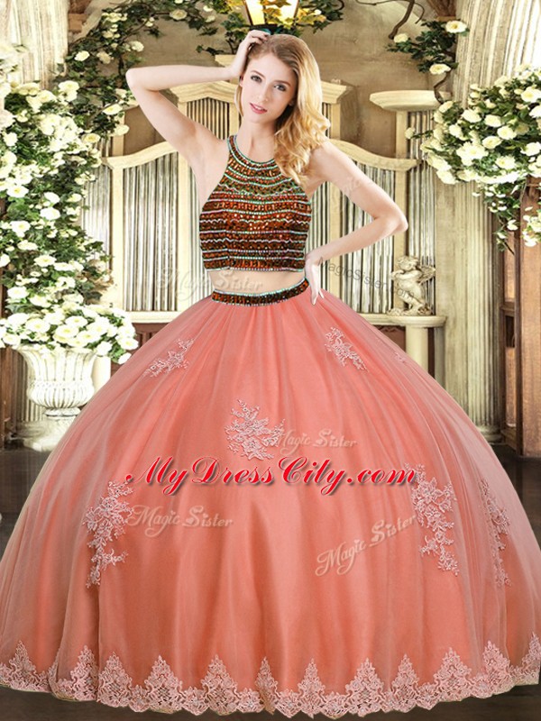 Extravagant Coral Red Sleeveless Beading and Appliques Floor Length Vestidos de Quinceanera