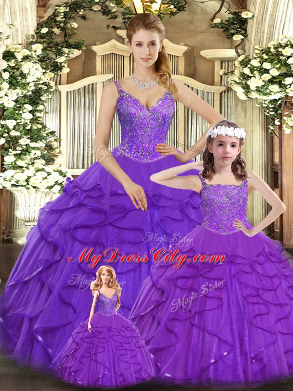 Purple Straps Lace Up Beading and Ruffles Quinceanera Gowns Sleeveless