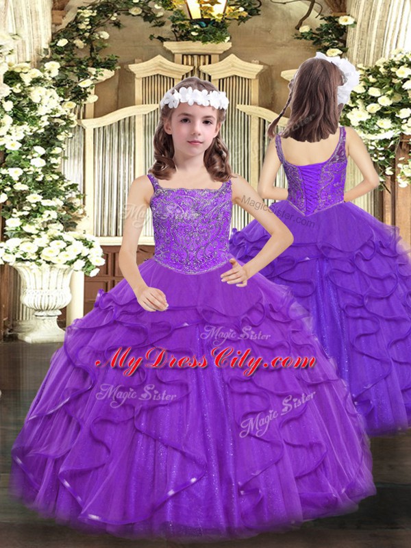 Purple Straps Lace Up Beading and Ruffles Quinceanera Gowns Sleeveless